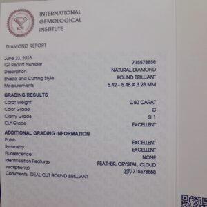 IGI Certified Natural Diamond 0.60 Carat G SI1