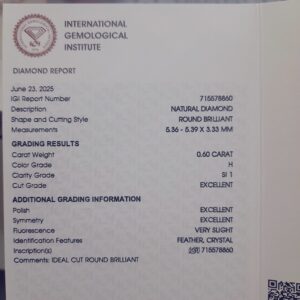 IGI Certified Natural Diamond 0.60 Carat H SI1