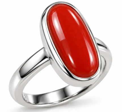 Red Coral Ovalish Capsule Sterling Silver Ring